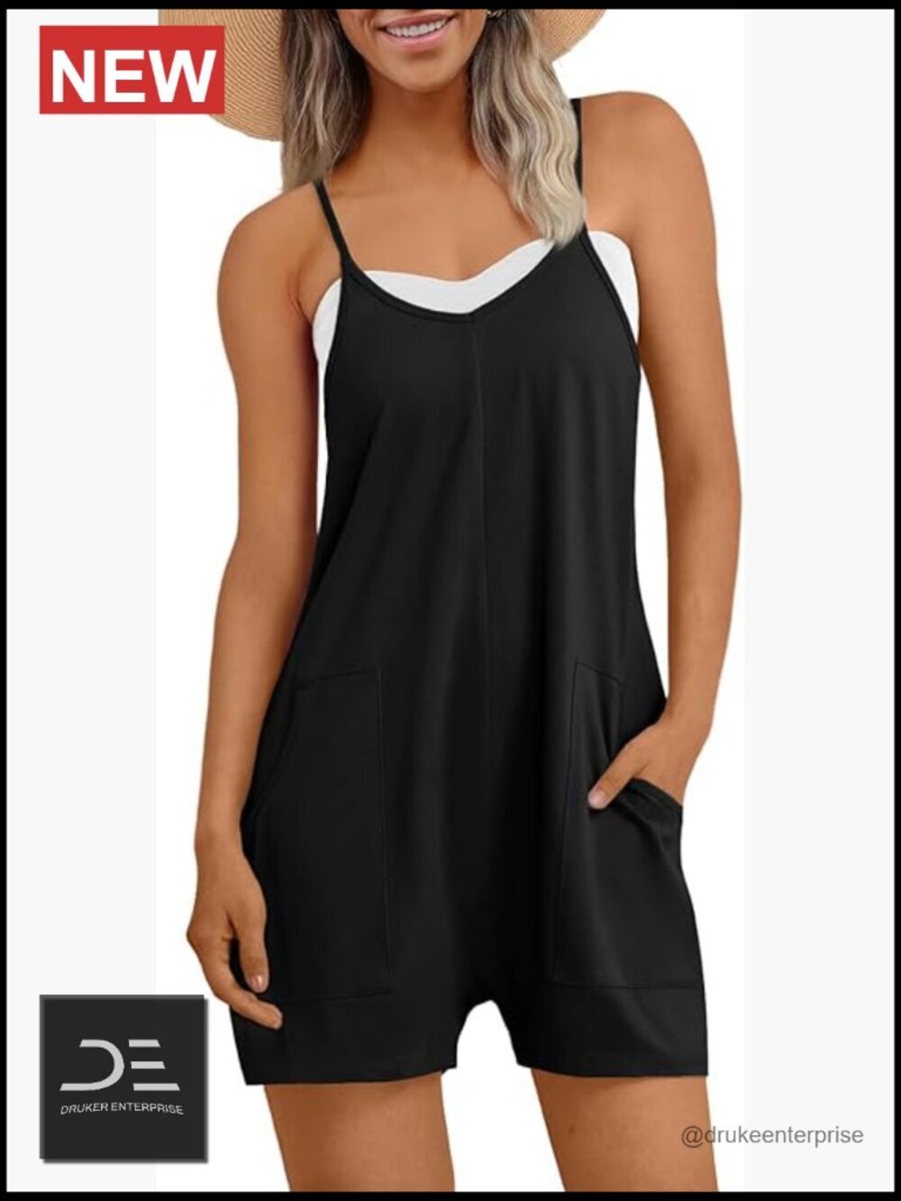 Soft Cotton Spandex V-Neck Sleeveless Romper with Pockets